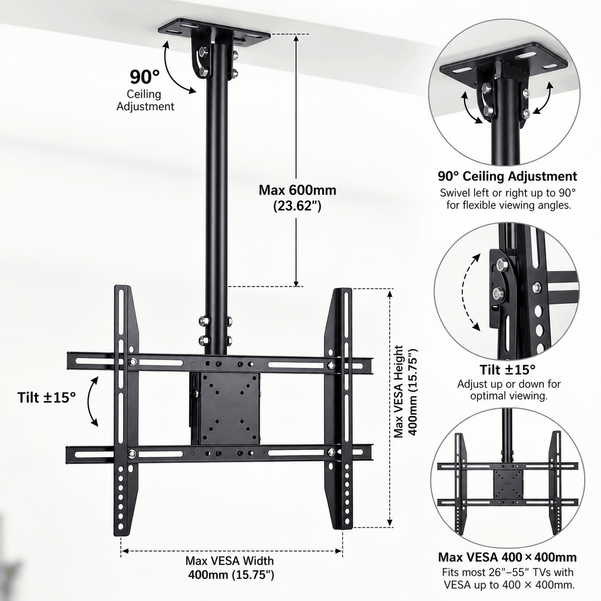 Diagram of a black ceiling TV mount showing the ceiling plate swivel, pole length, tilt and the TV hole spacing