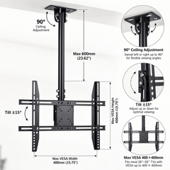 Diagram of a black ceiling TV mount showing the ceiling plate swivel, pole length, tilt and the TV hole spacing
