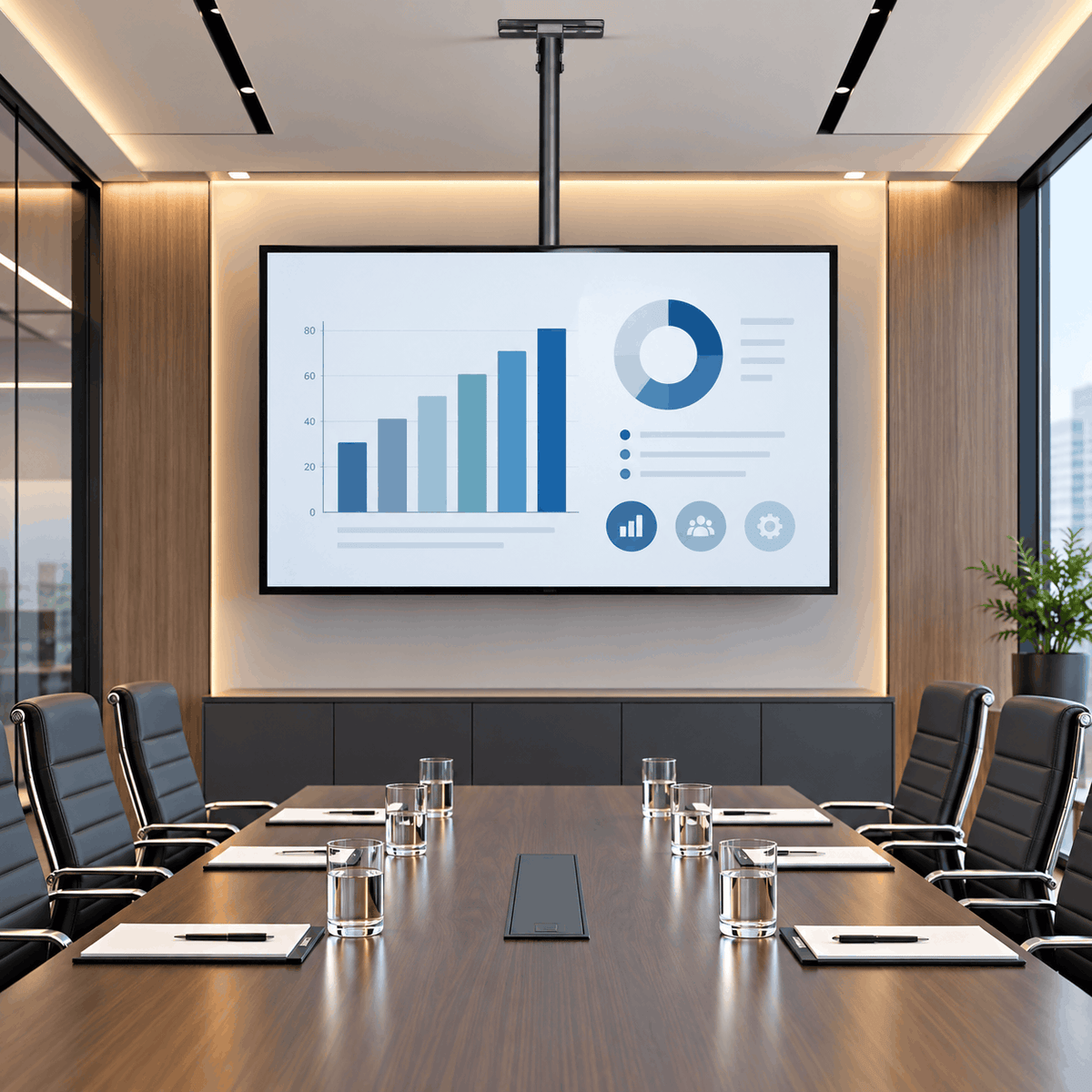 Large TV hanging from a black ceiling mount pole in a meeting room with a long table and chairs