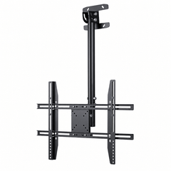 Black ceiling TV mount bracket with a ceiling plate, adjustable pole and TV plate with sliding brackets on a white background