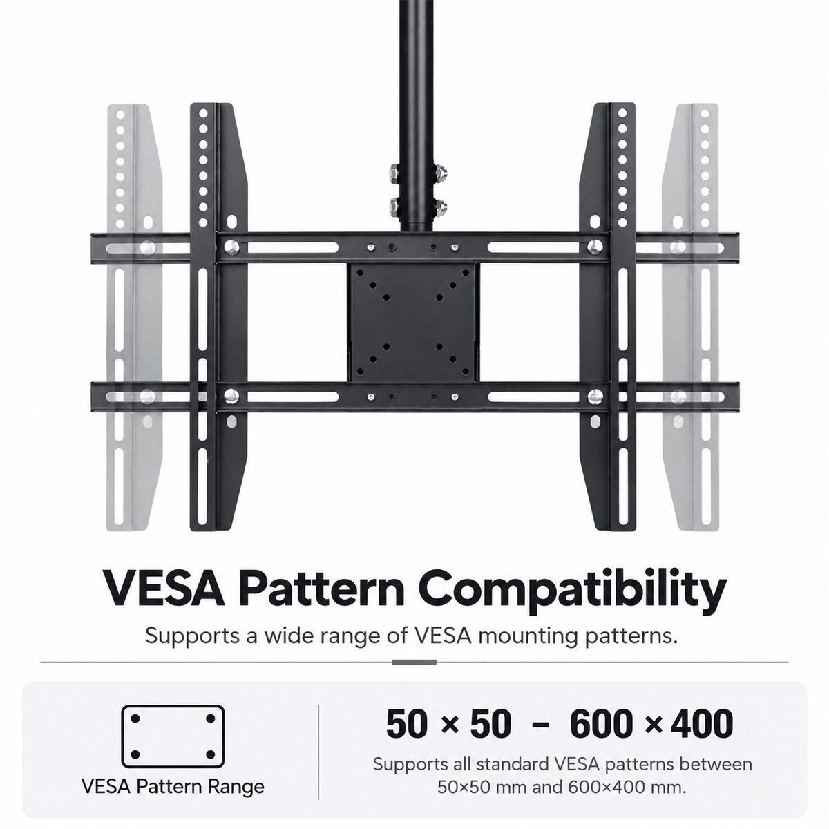 Black ceiling TV mount with sliding TV brackets shown at narrow and wide positions above a VESA range label
