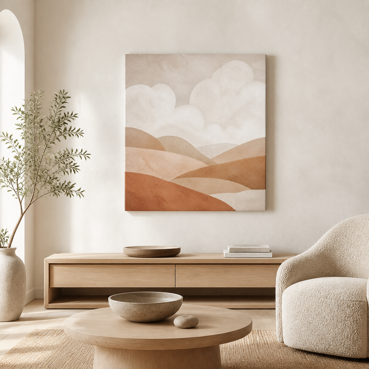 Clay and Cloud stretched canvas in a neutral interior