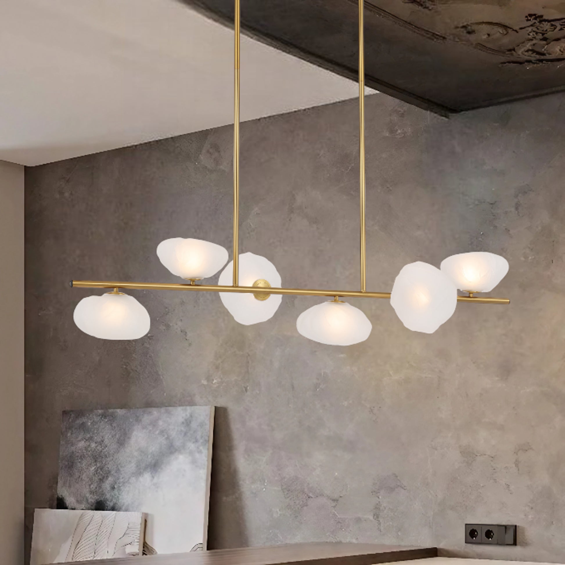 Luxury six-light ceiling pendant with antique gold and frost glass