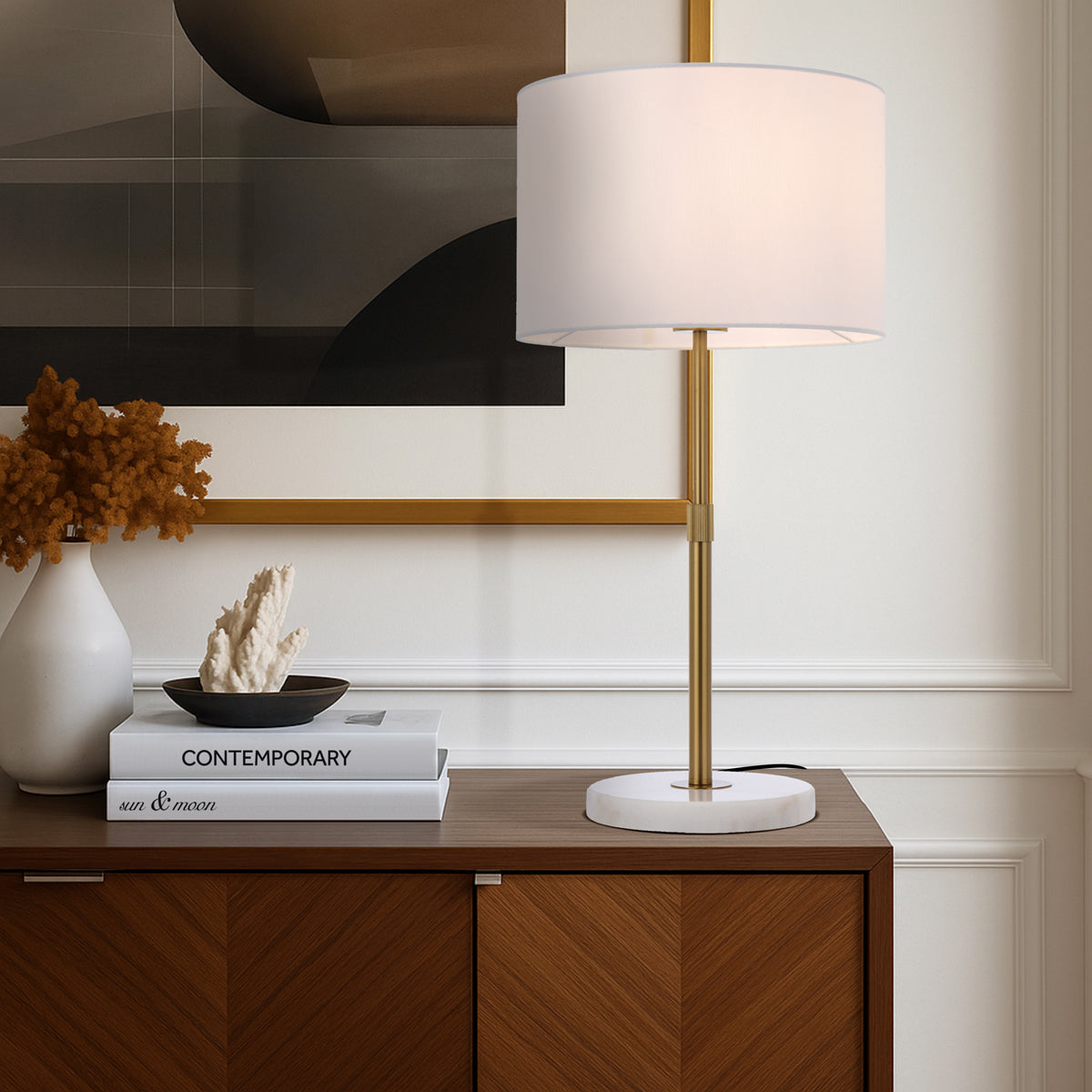 TFS TABLE LAMP 25wE27max H:550max D:300 inline switch WHITE MARBLE/ANT GOLD/IVORY