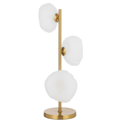 Chamonix three-light table lamp with antique gold frame and frost glass