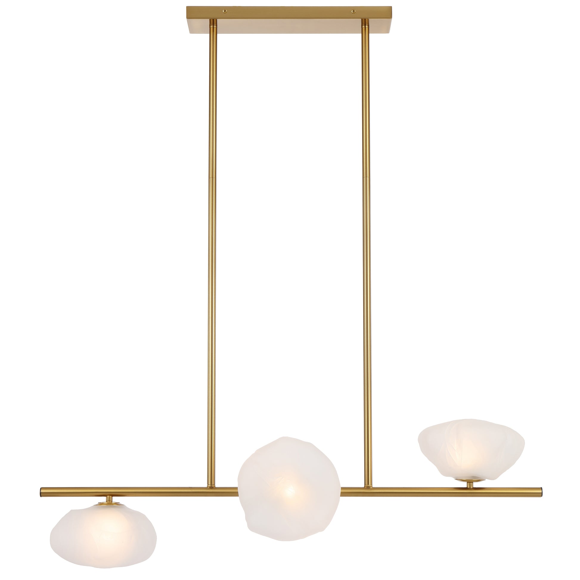Amiens three-light horizontal pendant with antique gold frame and frost glass