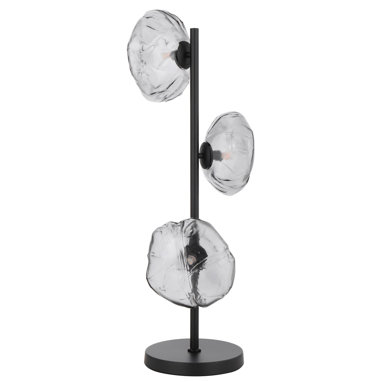 Black table lamp with three lights and elegant smoke glass shades