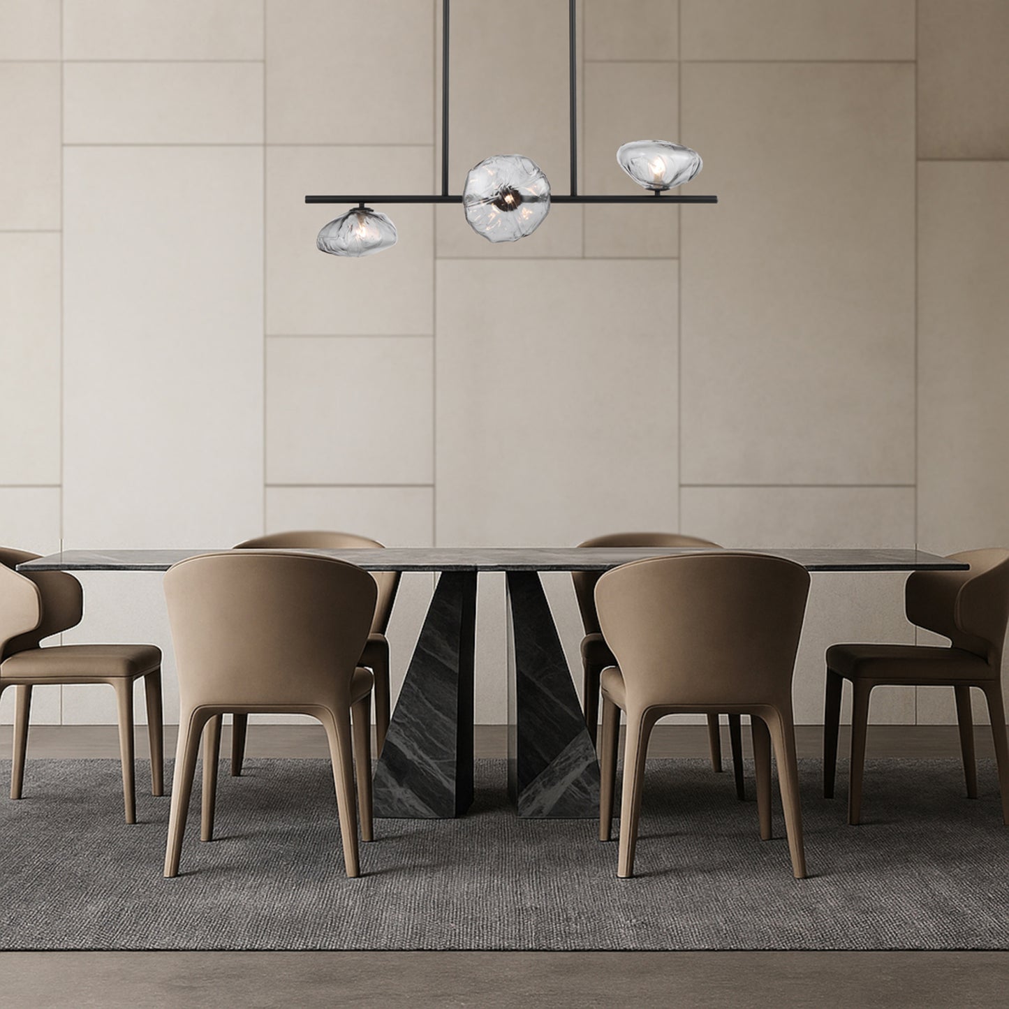 Modern three-light horizontal pendant with black finish and smoke glass