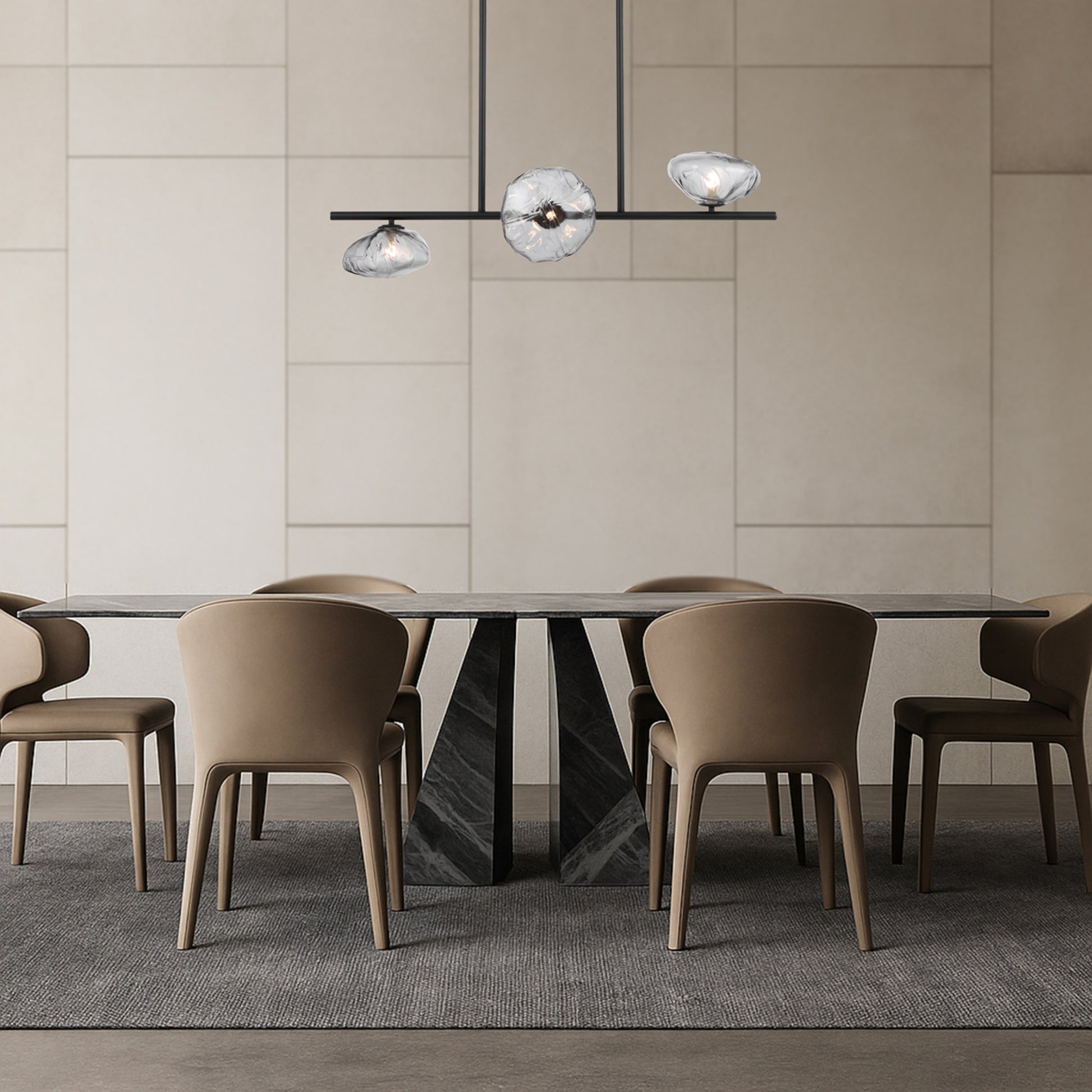 Modern three-light horizontal pendant with black finish and smoke glass