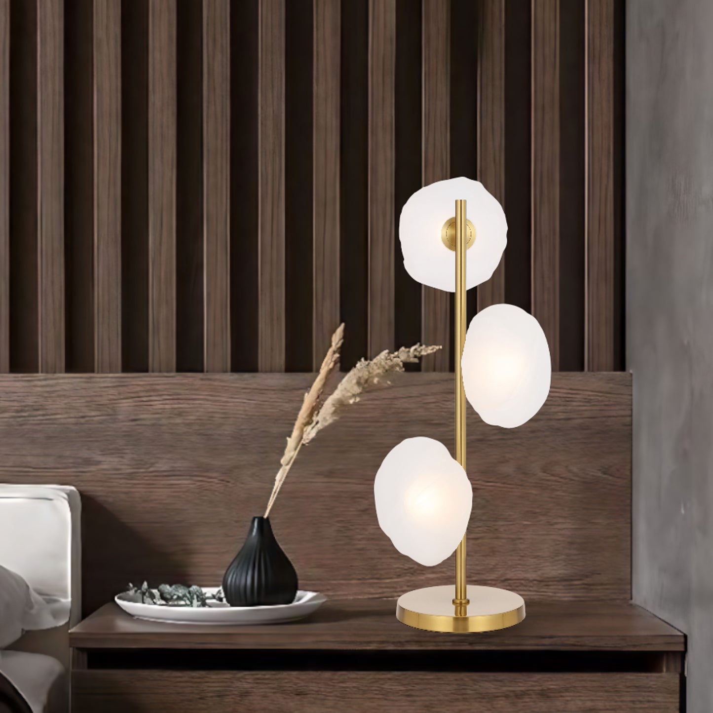 Luxury antique gold table lamp with three frost glass shades