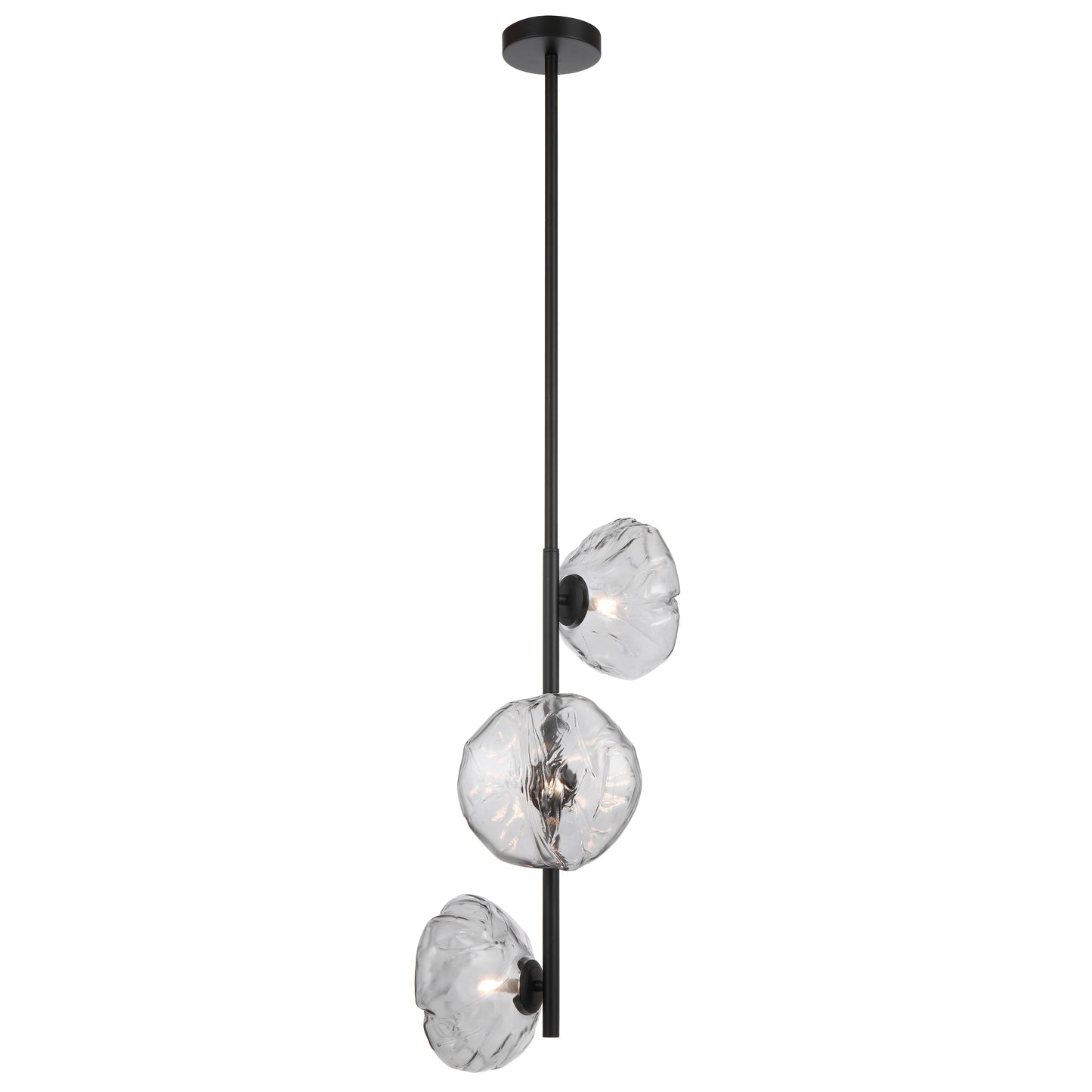 Colmar three-light vertical pendant with black frame and smoke glass