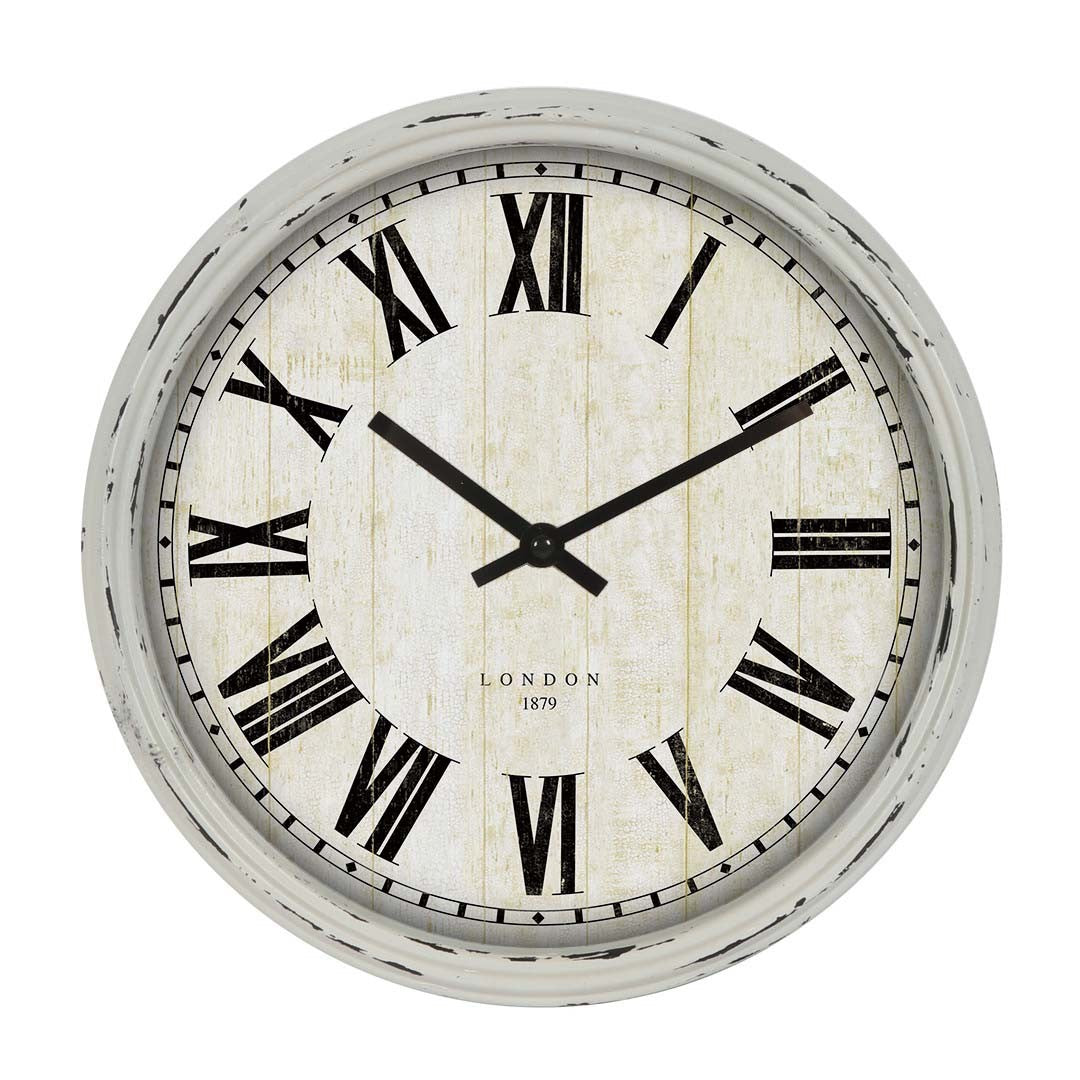 Antique white metal wall clock front view