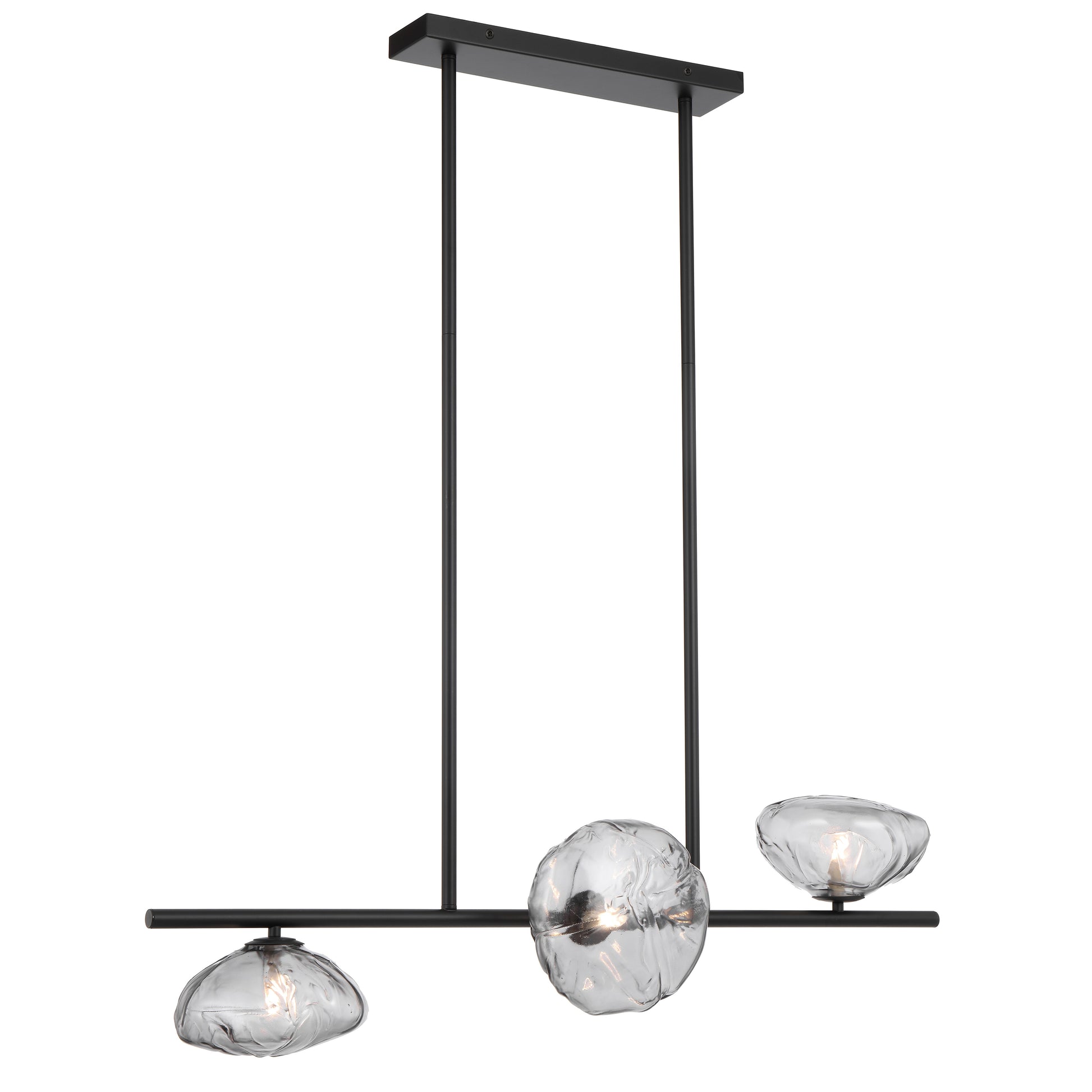 Antibes three-light horizontal pendant with black frame and smoke glass