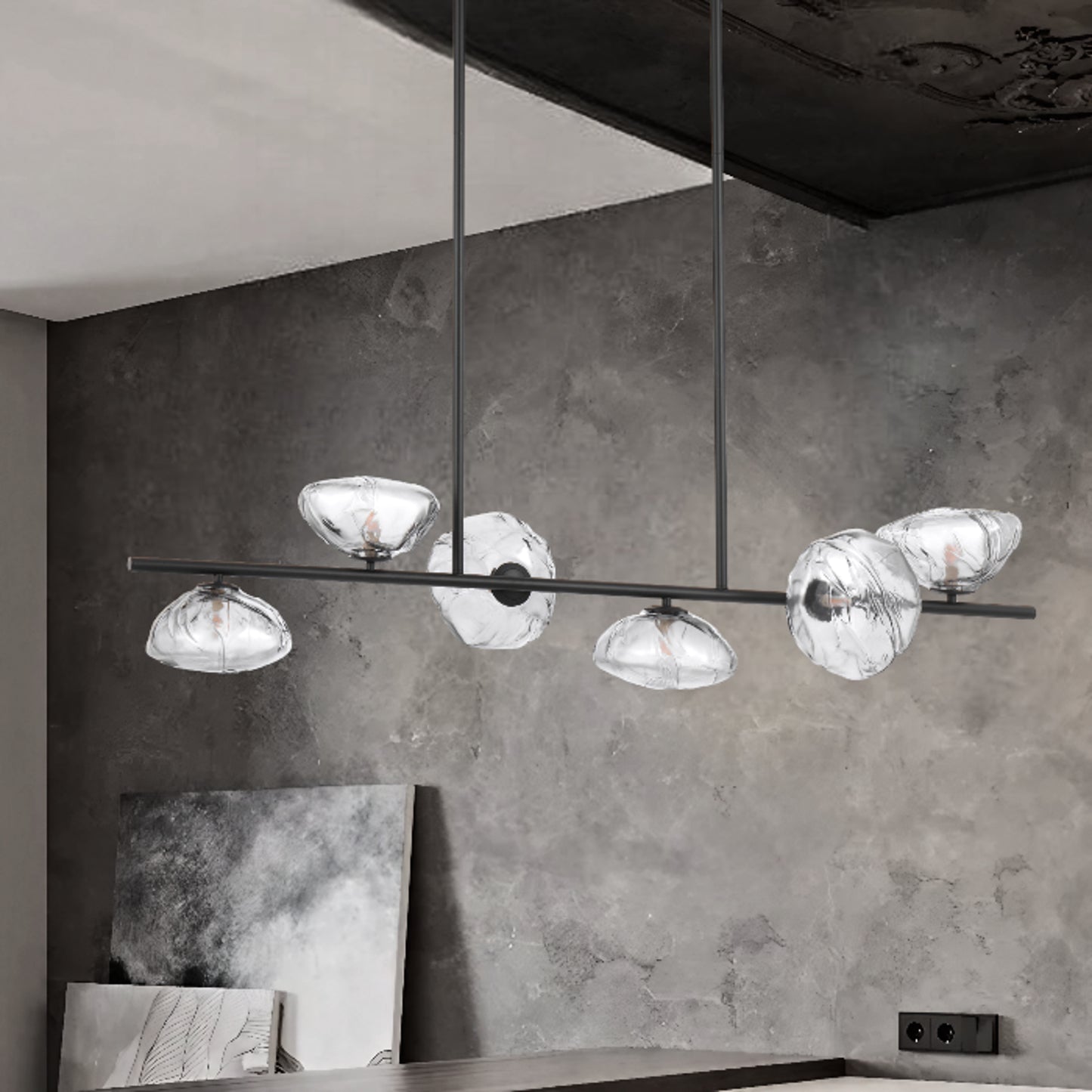 Decorative gold pendant light with six frosted glass light shades