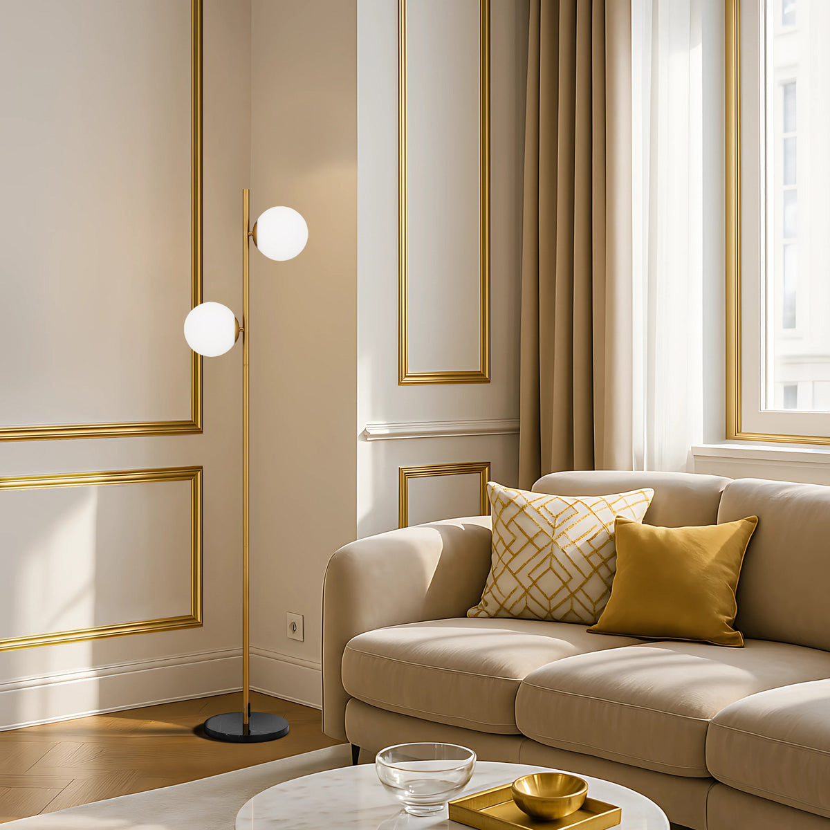 TFS 2 LIGHTS FLOOR LAMP 2x25wE27 D:240 H:150 ANT GOLD/BLCK MARBLE/OPAL MTT
