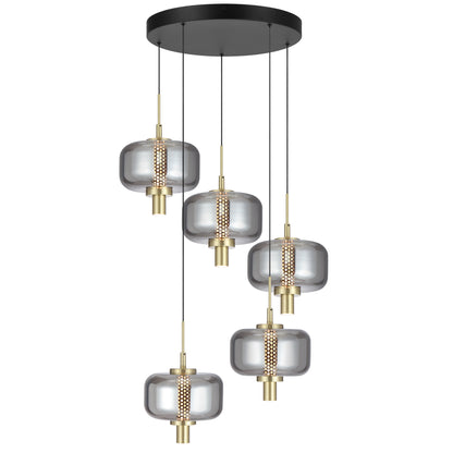 Almeria TFS 5-Light Pendant – Gold & Smoke Glass