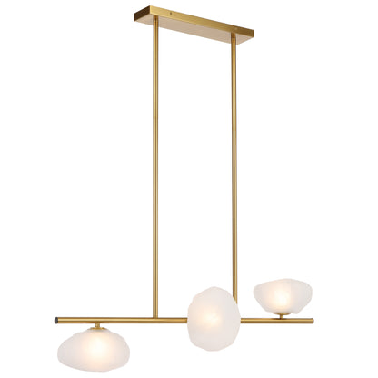 Modern three-light horizontal pendant with antique gold finish and frost glass
