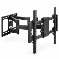 Black full motion TV wall mount bracket with dual pivoting arms, a wall plate and vertical TV brackets on a white background