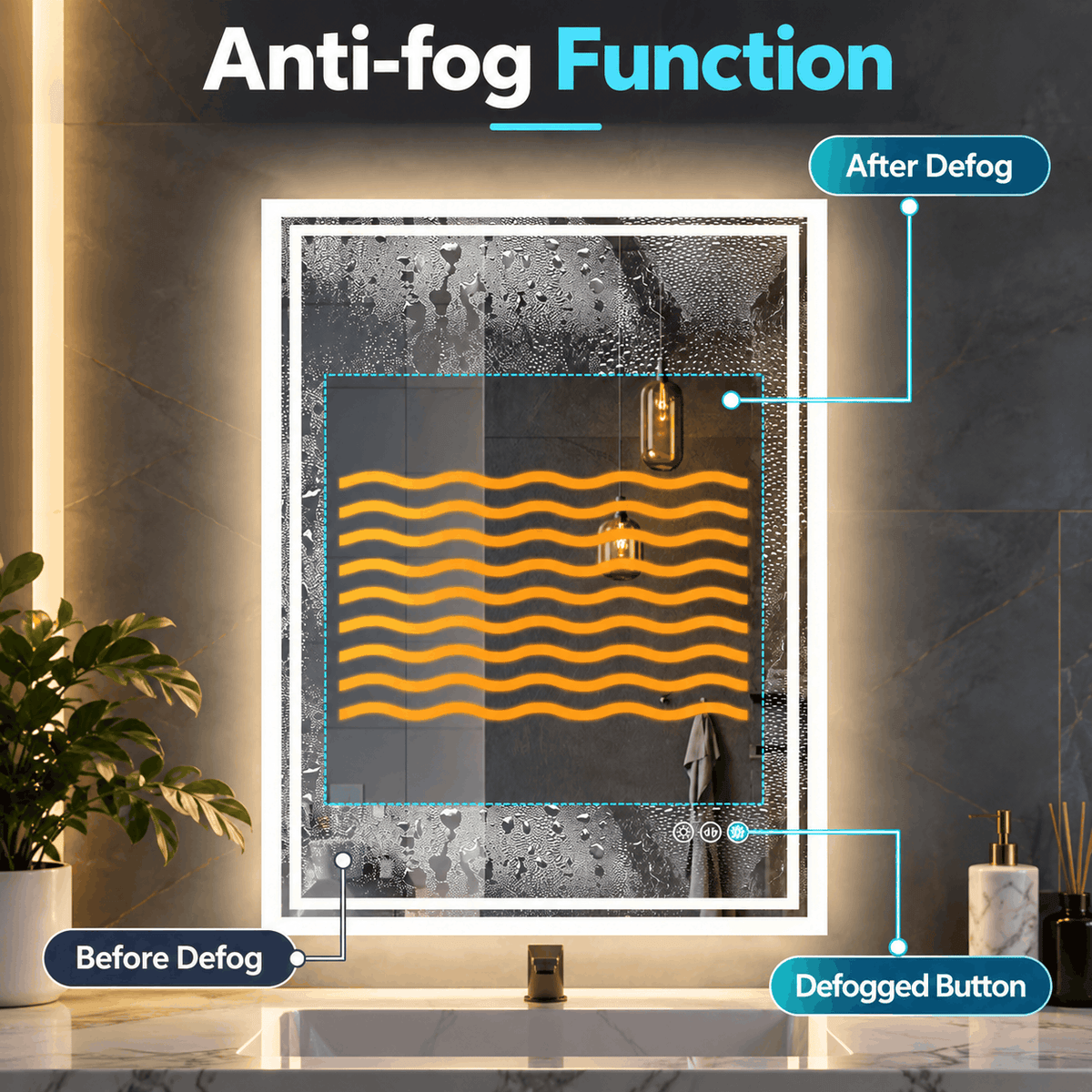 Rectangle LED mirror with steam on the glass and a labelled clear area showing the anti fog function