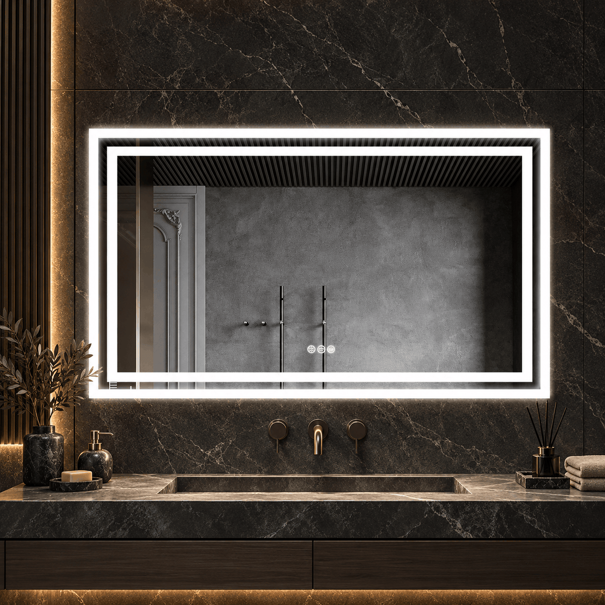 Horizontal rectangle LED mirror with a bright white light border on a dark marble wall above a stone vanity