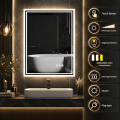 Rectangle LED mirror in a dark bathroom beside icons showing touch, dimming, light colours, anti fog and plug features