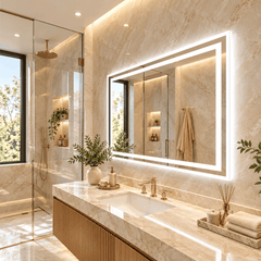 Wide rectangle LED mirror with a bright white border above a marble vanity in a beige bathroom with a shower