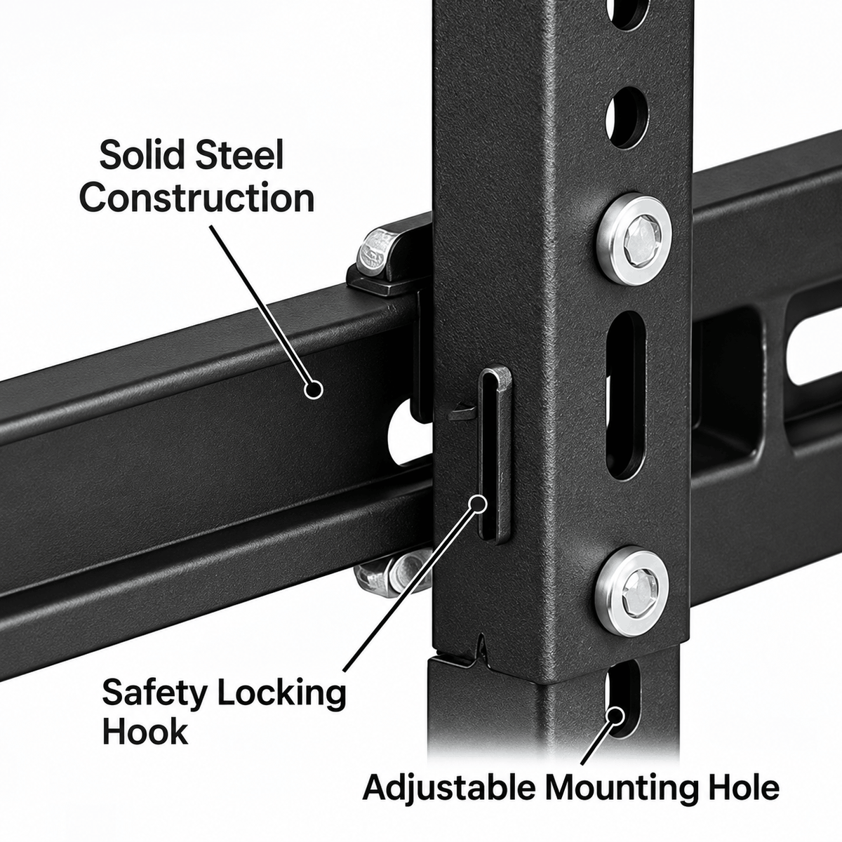 Close up of the steel TV bracket showing a locking hook and adjustable mounting holes on the upright