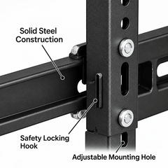 Close up of the steel TV bracket showing a locking hook and adjustable mounting holes on the upright