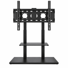 Black free standing TV stand with a VESA bracket, two upright columns, one shelf and a rectangular base on a white background