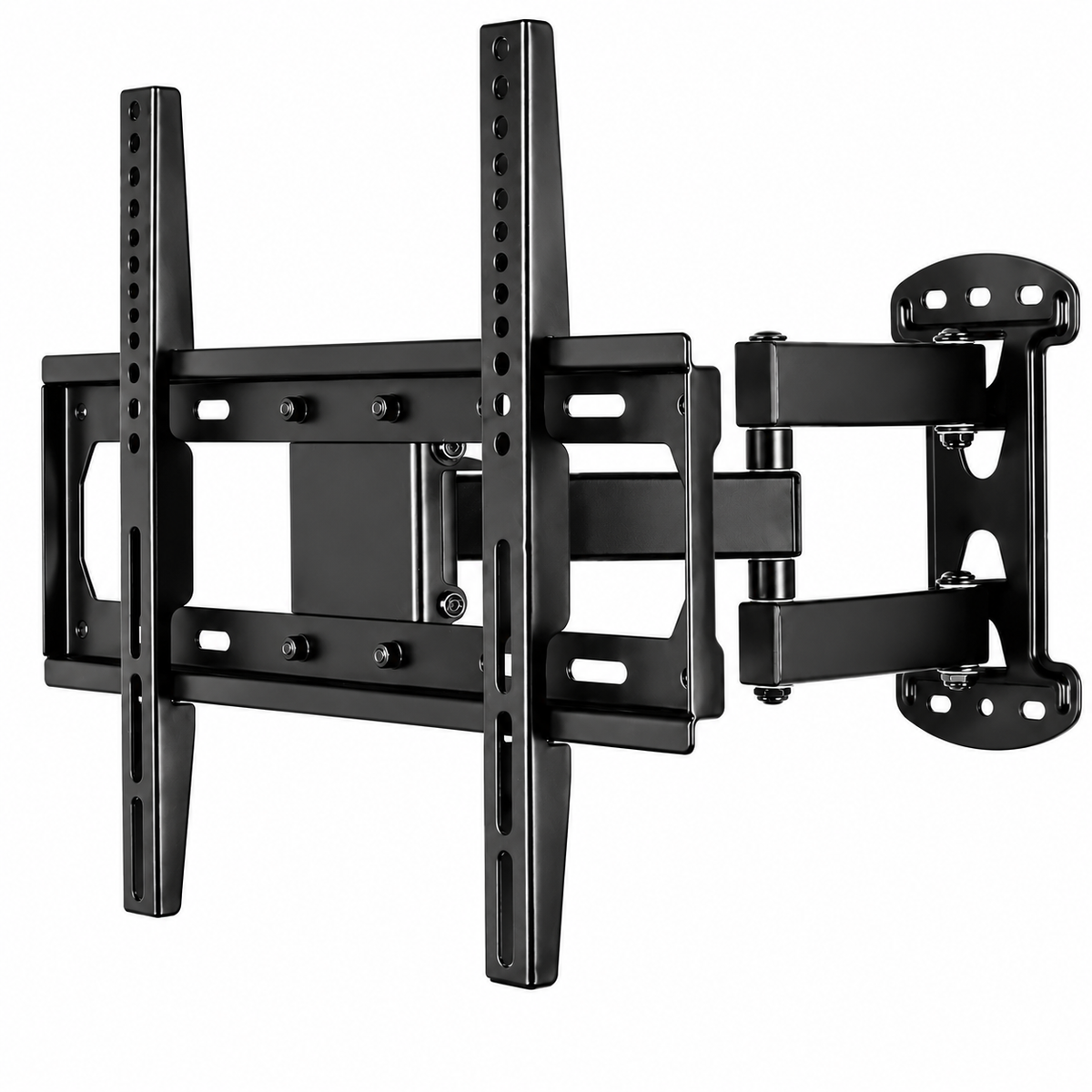 Black full motion TV wall mount bracket with a double arm, wall plate and vertical TV brackets on a white background