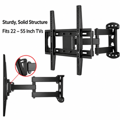Two views of a black full motion TV wall mount, one from the front and one from the side showing the arm joint