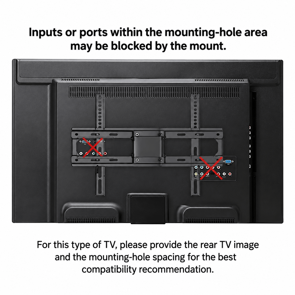 Back of a TV with a wall mount bracket and red crosses over ports that the mount could block
