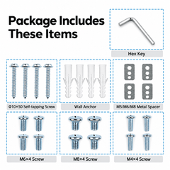 Hex key, self tapping screws, wall anchors, metal spacers and bolts of different sizes laid out in boxes