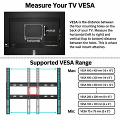 Diagram showing how to measure a TV’s VESA mounting holes beside a list of bracket hole spacings from smallest to largest