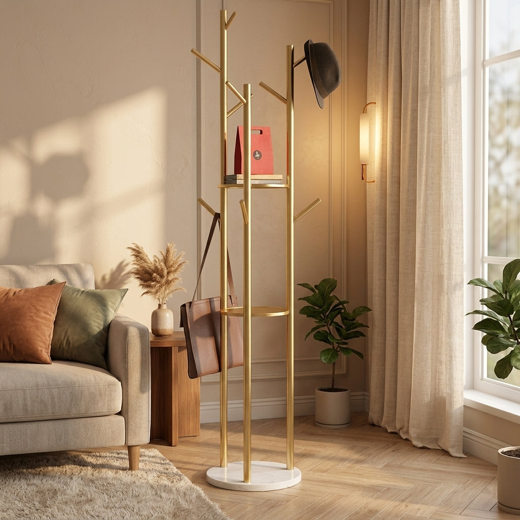 Gold tree coat rack in a corner with a hat and tote bag on the branches and a red paper bag and books on the top shelf