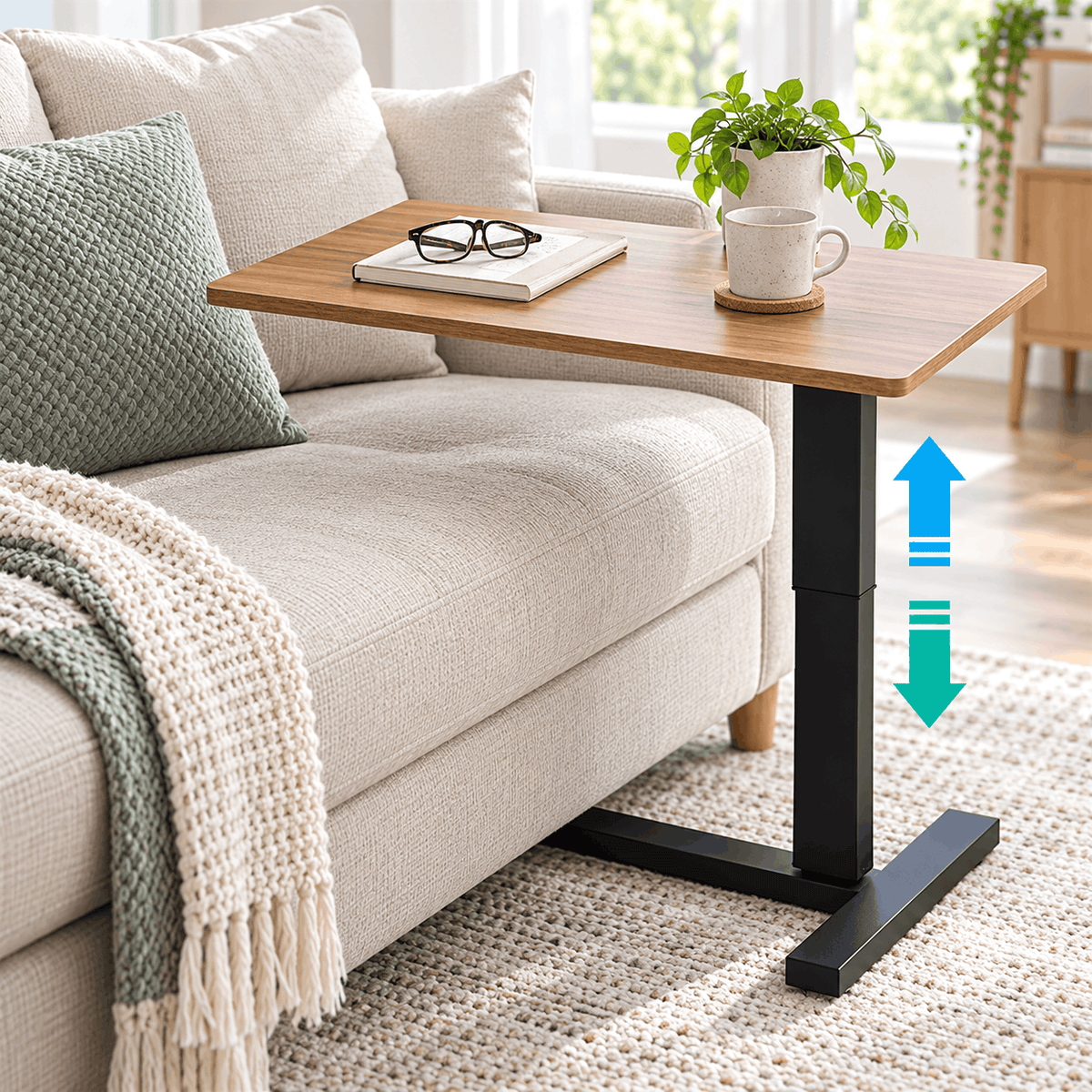 Height adjustable table with a wood look top beside a cream sofa with up and down arrows showing the height change