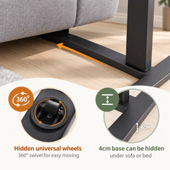 Close up of a hidden swivel wheel and the low black base of the table sliding under a sofa, with two feature callouts
