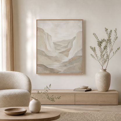 Limestone Valley birch floating frame canvas in a neutral interior