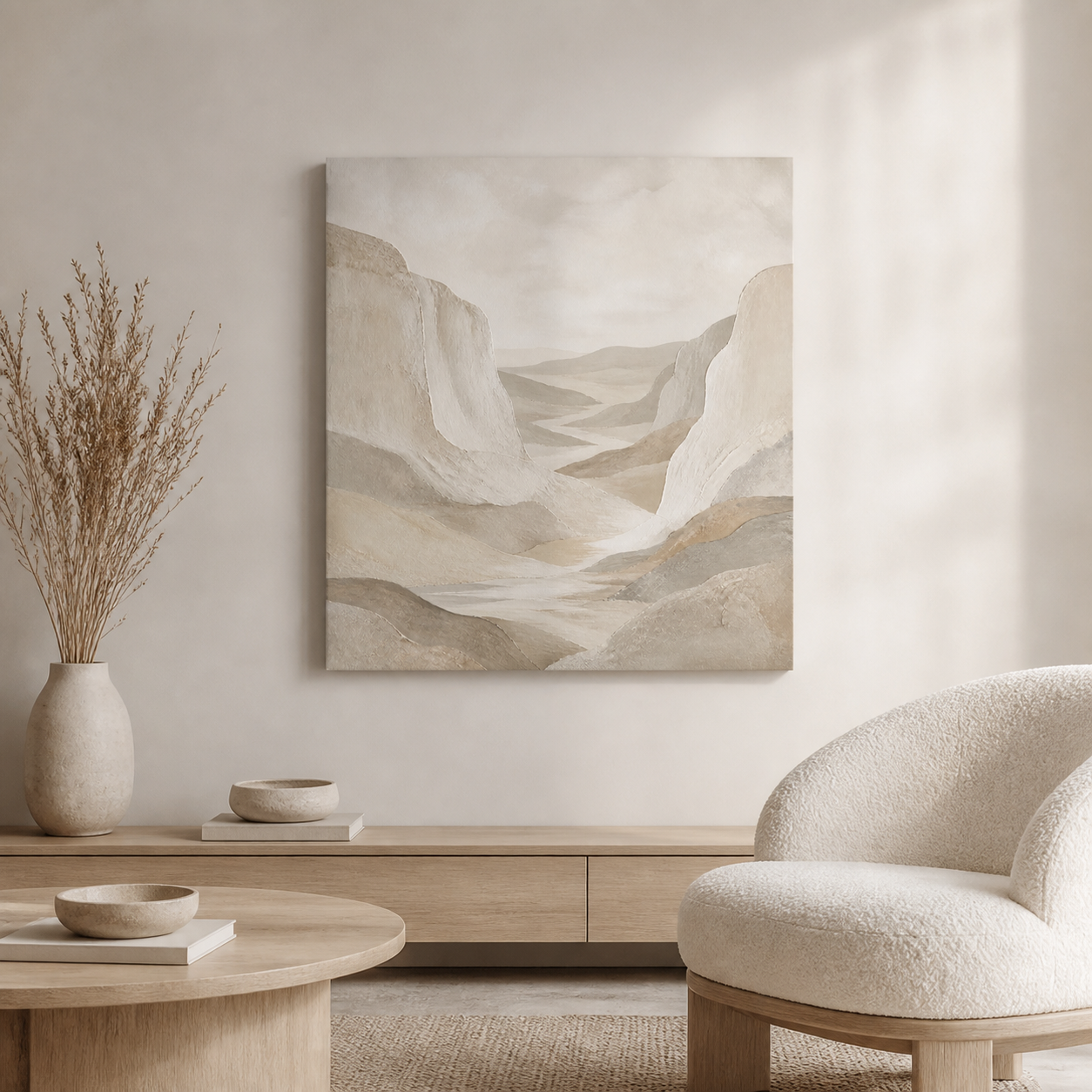 Limestone Valley stretched canvas in a neutral interior
