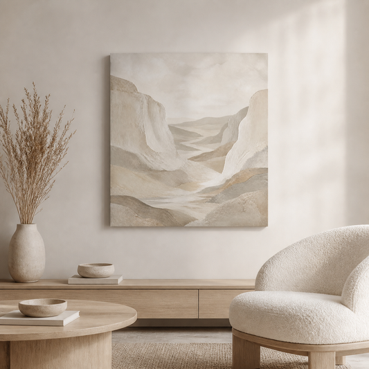 Limestone Valley stretched canvas in a neutral interior