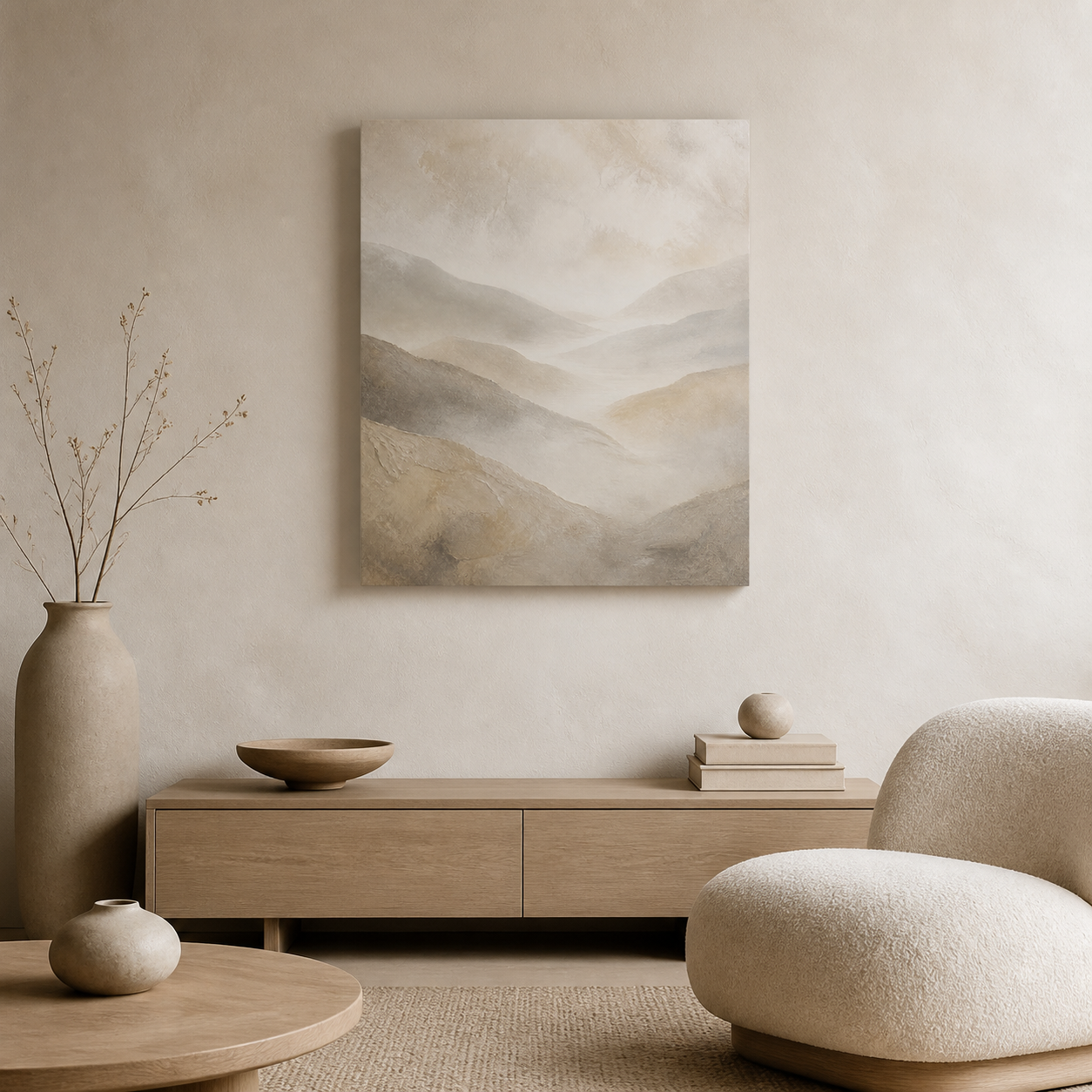 Mist Between Hills stretched canvas in a neutral interior