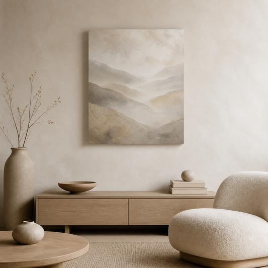 Mist Between Hills stretched canvas in a neutral interior