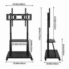 Front and side dimensions diagram of a mobile TV stand showing its height, base and shelf sizes