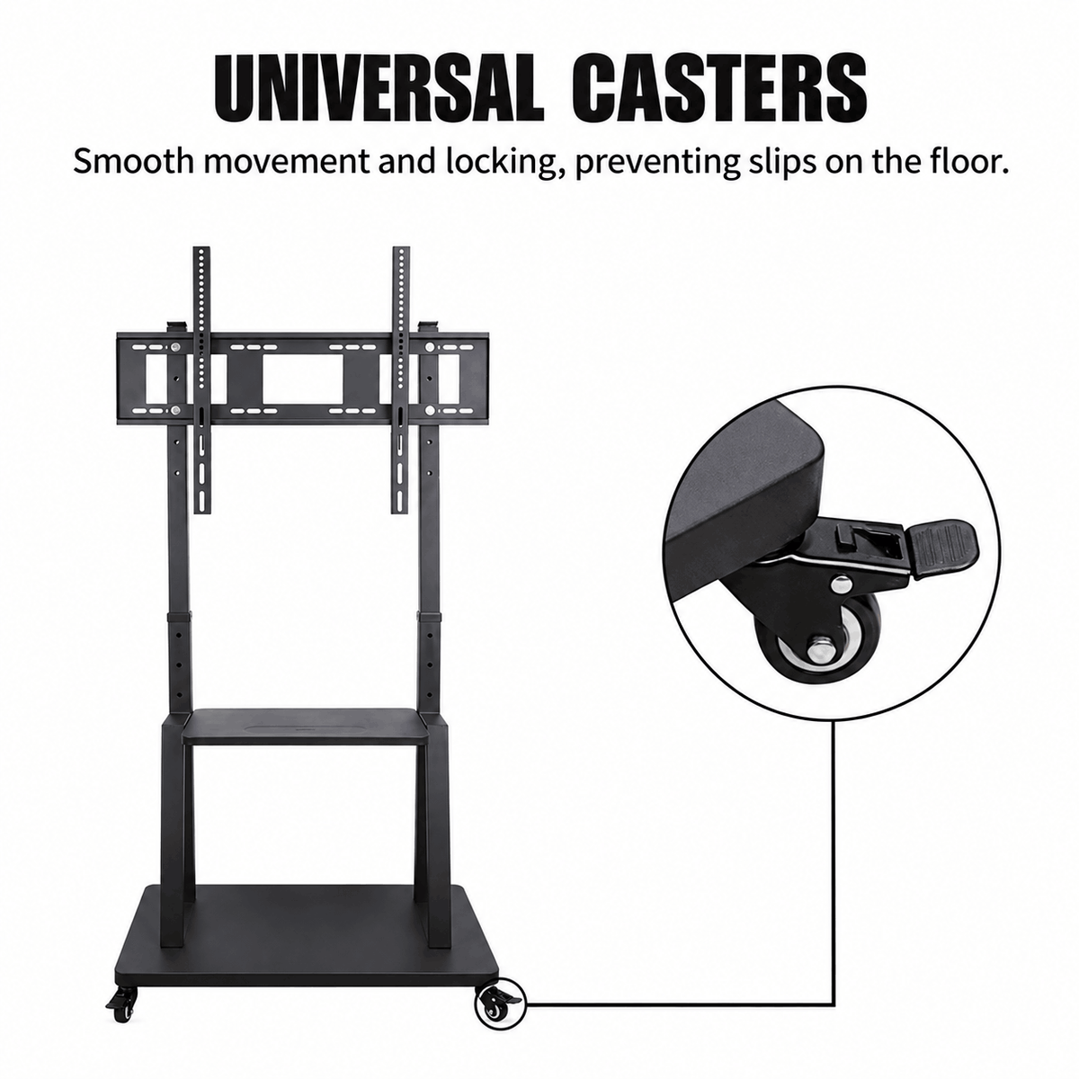 Close up of a locking caster on the base of a black mobile TV stand beside the full stand