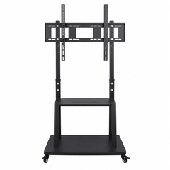 Black mobile TV floor stand with a VESA mounting bracket, two shelves and a wheeled base on a white background