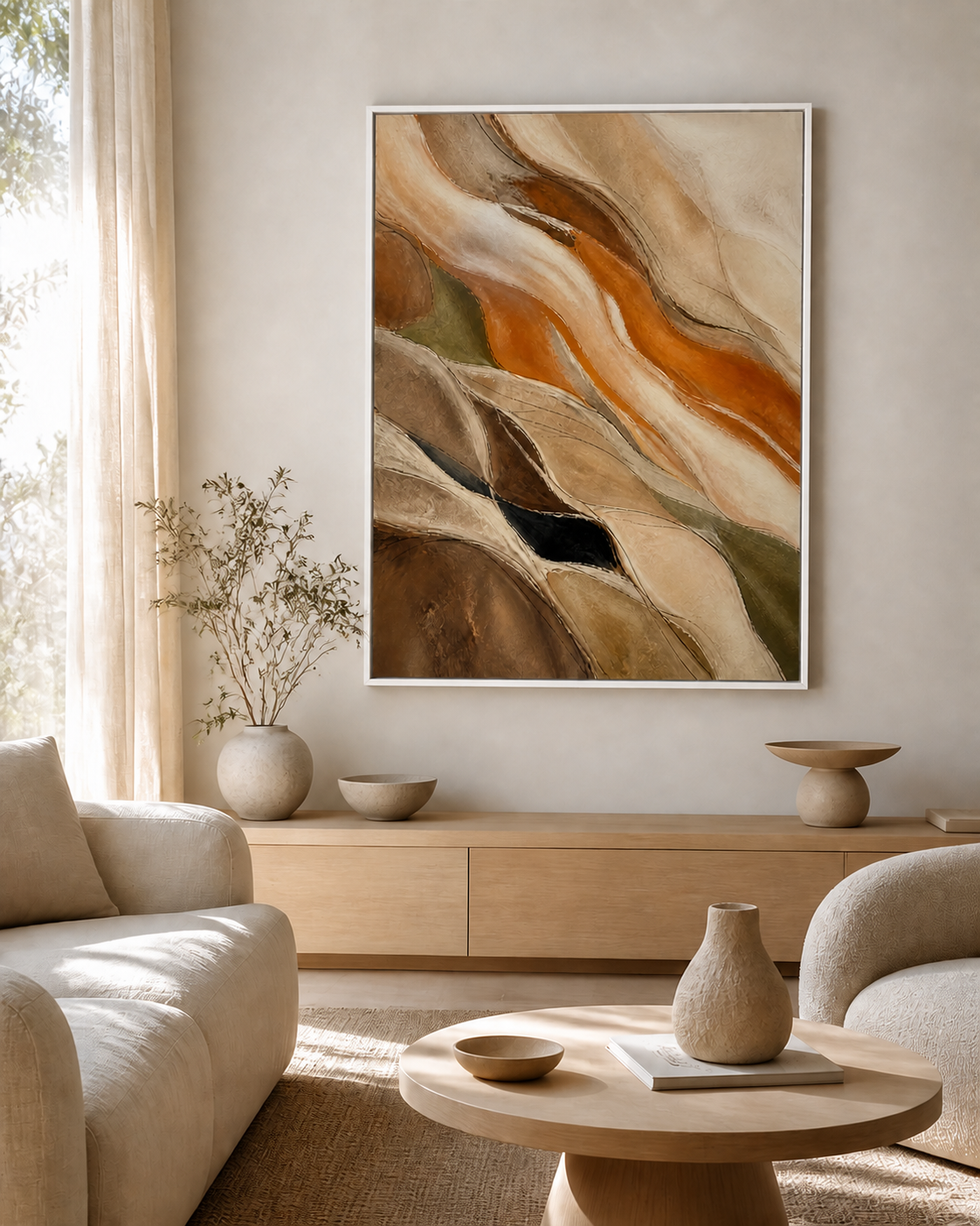 Ochre Current canvas in a white floating frame
