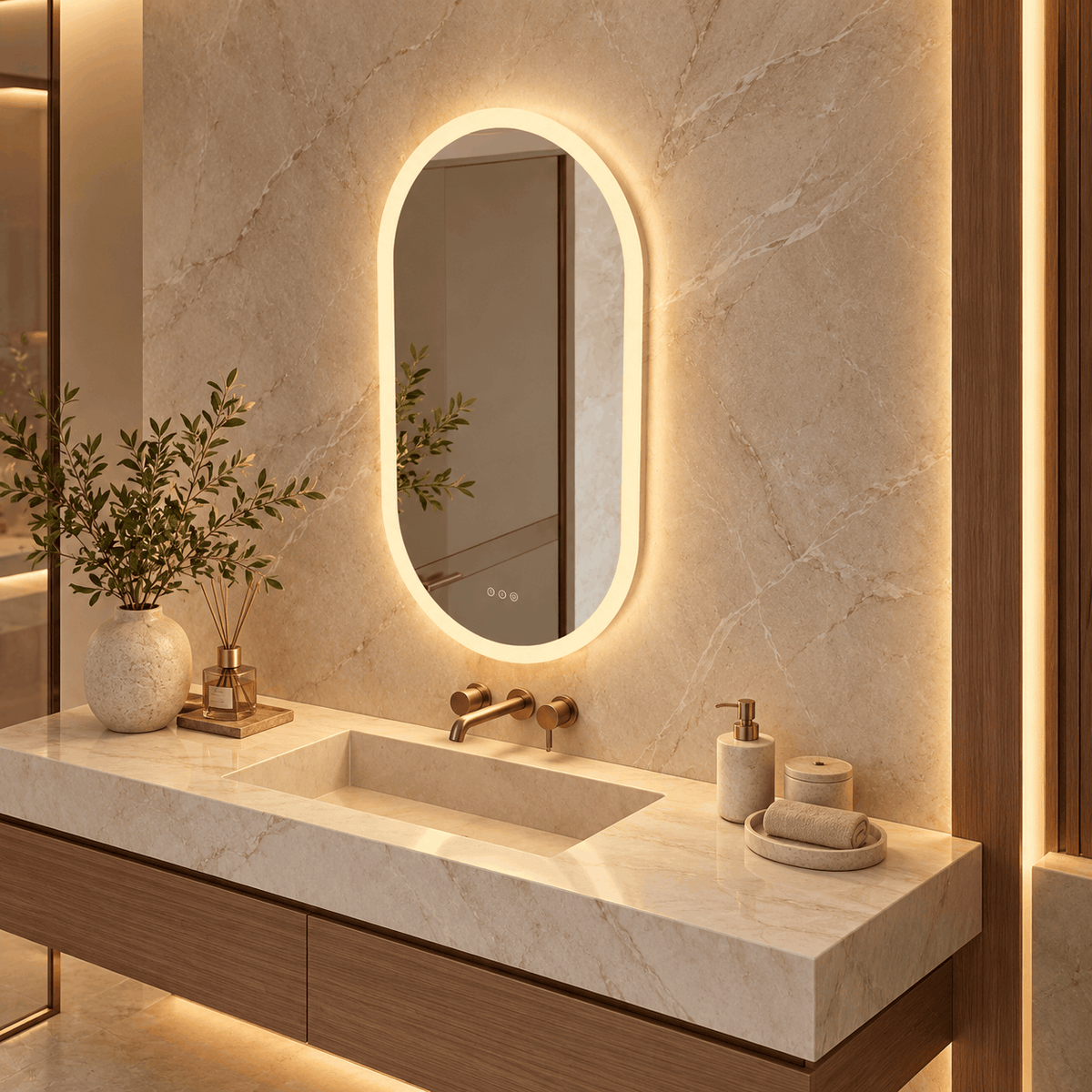 Angled view of an oval LED mirror with a warm glowing edge above a stone vanity, gold tap, plant and diffuser