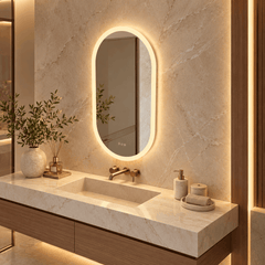 Angled view of an oval LED mirror with a warm glowing edge above a stone vanity, gold tap, plant and diffuser