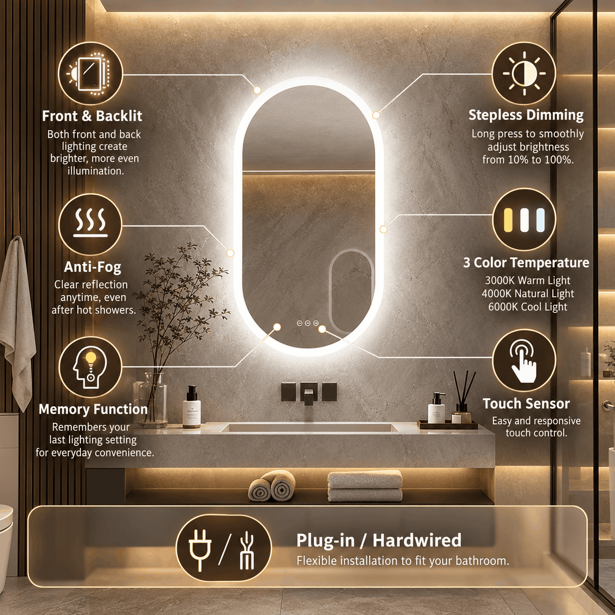 Oval LED bathroom mirror in a stone bathroom with icons showing the lighting, anti fog, memory and touch features
