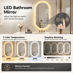 Oval LED bathroom mirror shown in three light colours and four brightness levels with a hand touching the controls